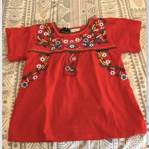 Embroidered Red Short Sleeve Peasant Top (S)